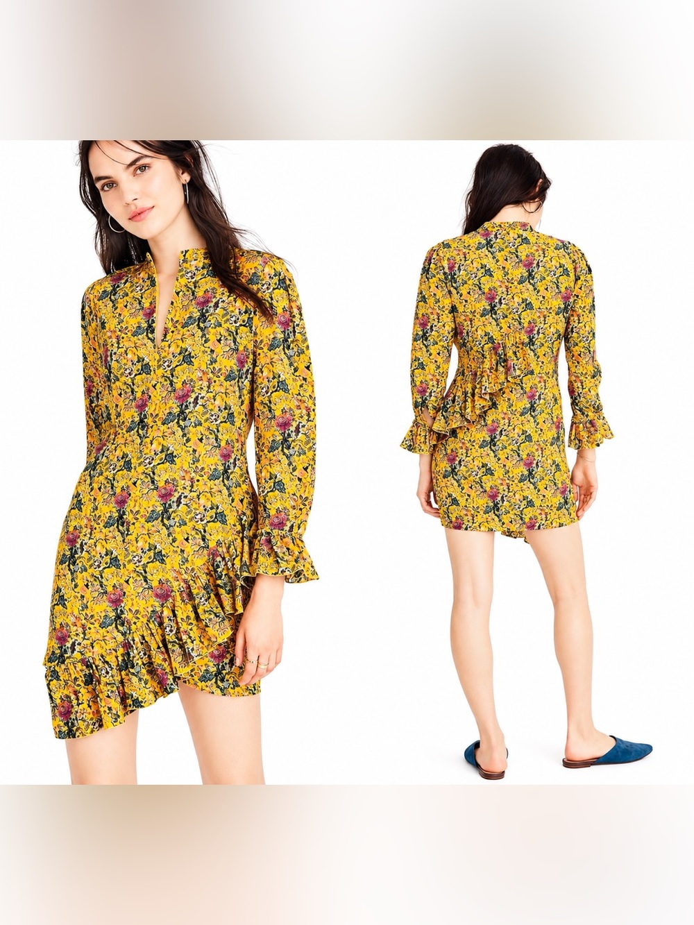 Madewell Karen Walker Silk Floral Loretta Mini Dress Yellow Boho Ruffles